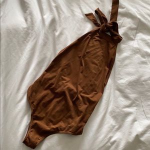 Planet Blue Faux Suede Halter Bodysuit